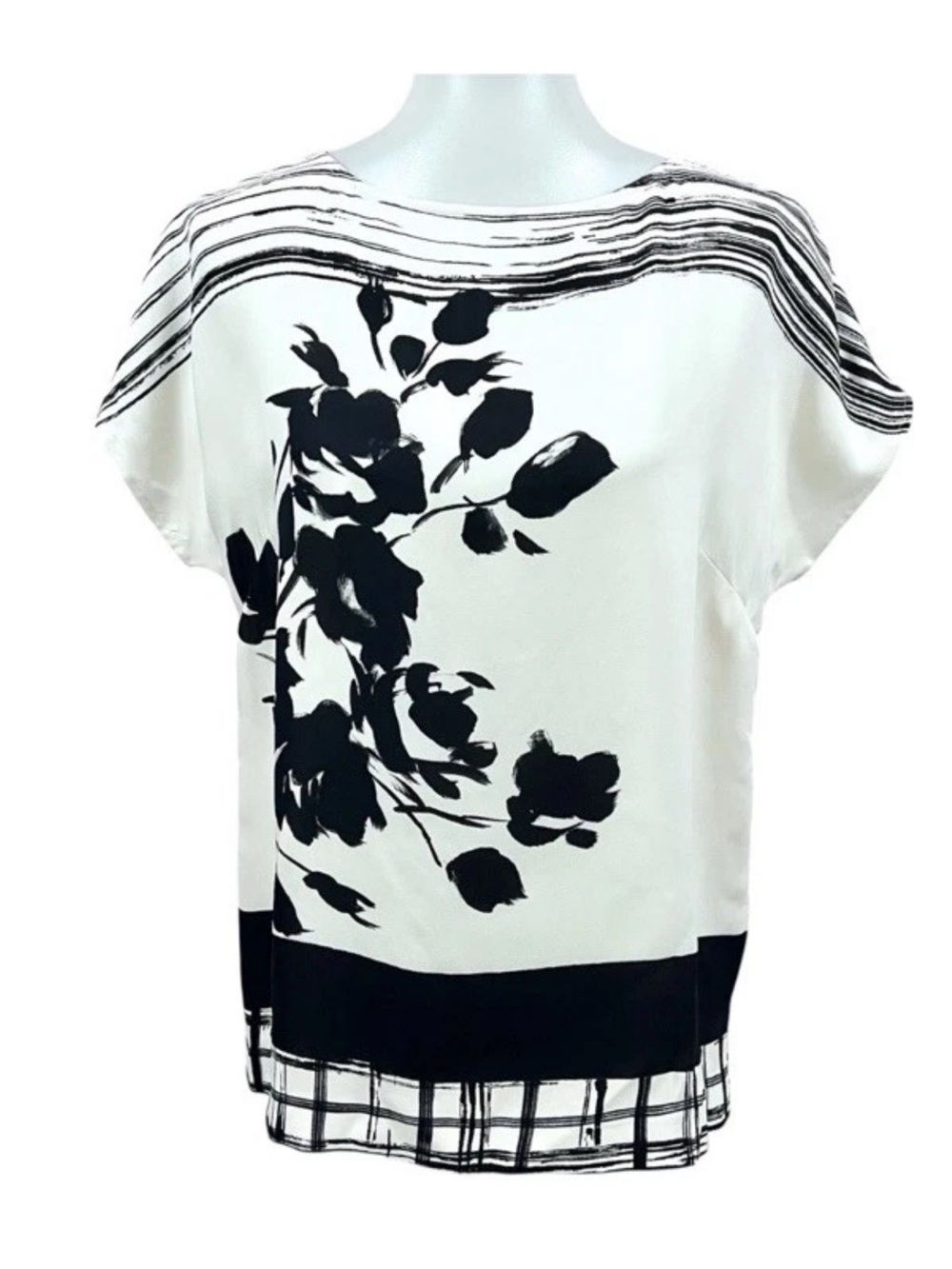 St. John 100% Silk Japanese Floral Boatneck Dolman Short Sleeve Blouse M Top